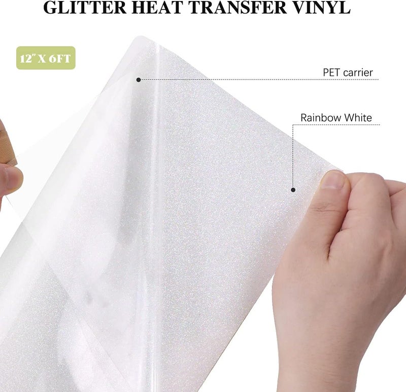 HTVRONT Rainbow White Glitter HTV Vinyl Roll-12" x 6 FT White Glitter Heat Transfer Vinyl Bundle, White Glitter Iron on Vinyl for All Cutting Machines - Image 2